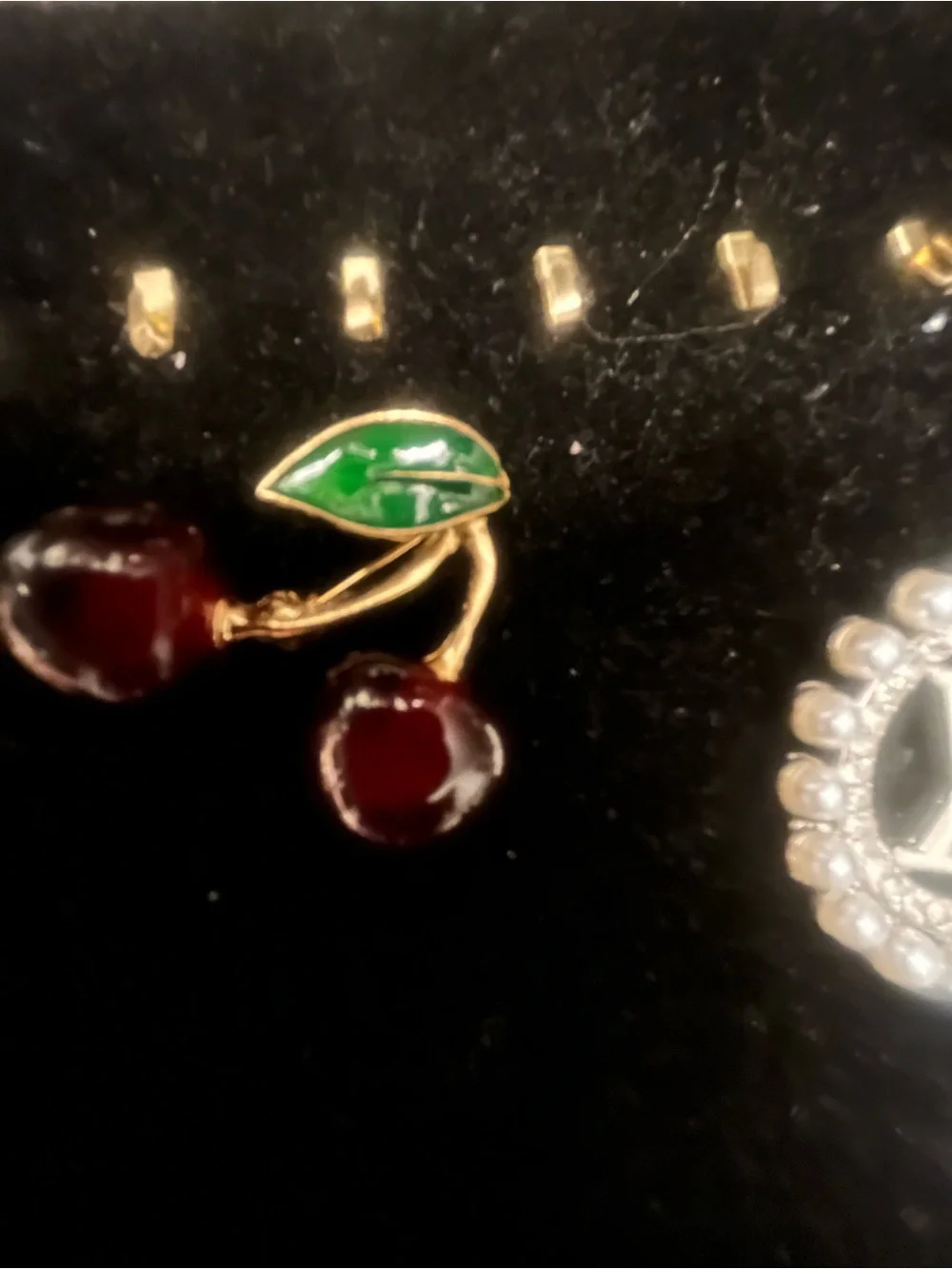 Gold-Tone Cherry Brooch with Green Enamel Leaf